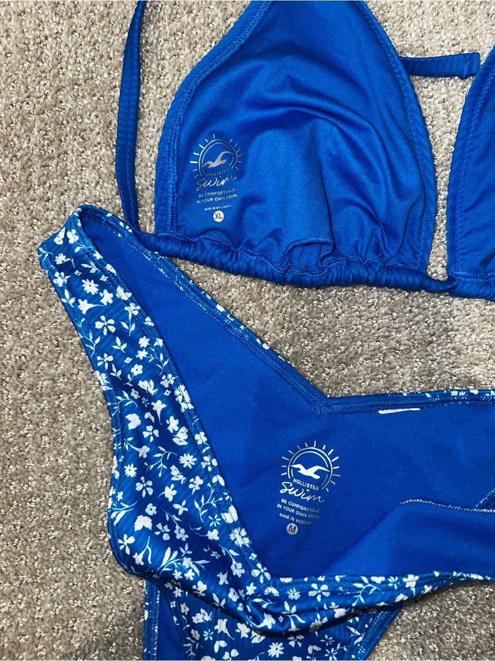 Hollister Blue Floral & Solid Blue Triangle Bikini with Dark Green Set